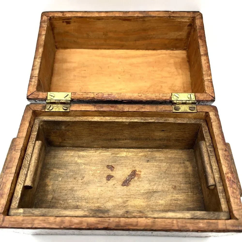 Vtg 1940s Wooden Nautical Trinket Box Ship Folk Art Lift-Out Tray Keepsake Chest
